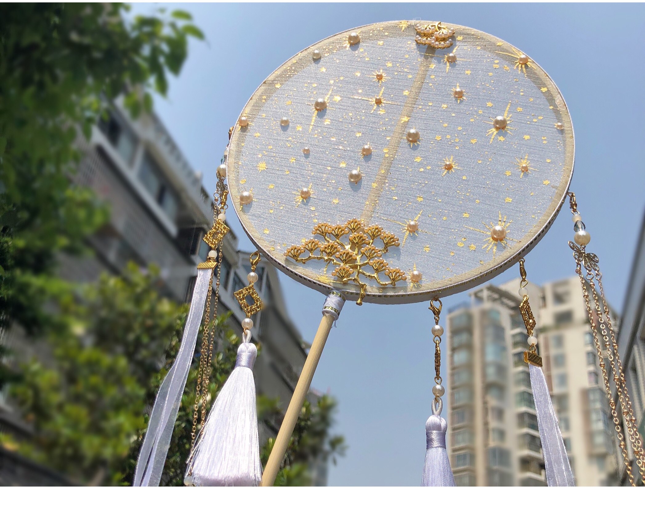 原创古风团扇长柄流苏汉服配饰女成品手工烫金新娘复古舞蹈演出