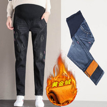 Pregnant women pants jeans winter dress thick plus velvet 2018 new loose size outside wear belly bottom pants winter