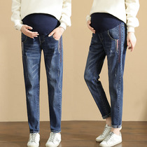 Pregnant womens pants Spring and Autumn Winter loose plus size denim pants wear bottoming trousers winter clothes plus velvet fashion tide mom