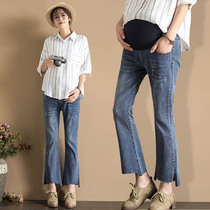 Pregnant womens pants Spring and Autumn new nine-point jeans large size belly trousers wear wide leg trumpet pants tide