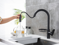 Black pull-out hot and cold faucet kitchen wash basin all copper telescopic rotatable washing table sink household