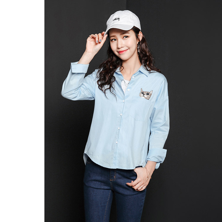 七格格 2016秋装新款 纯色重工刺绣动物图案宽松长袖衬衫 女 6md3003n