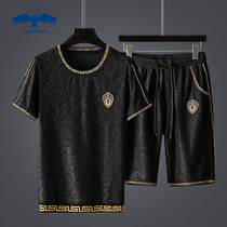 夏季高端暗纹提花丝光休闲套装男韩版大码个性短裤短袖搭配两件套