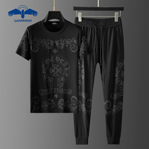 2022夏季新款运动休闲长裤两件套烫钻潮流帅气男士短袖T恤套装