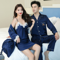 Couples pajamas Womens Spring and Autumn Winter Ice Silk long sleeves mens simulation silk wedding red nightgown home clothes
