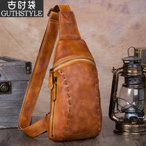Retro Pack Bag Mens Handmade Leather Bag Mens Top Layer Bull Leather Single Shoulder Bag Inclined Satchel Mens Chest Bag Mens Genuine Leather Korean Version Tide