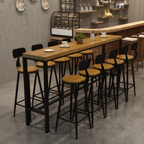 American retro bar table and chair milk tea shop cafe long bar table solid wood leisure bar table high chair combination