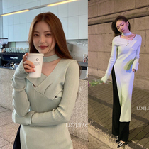LDTJ Gaoding 2020 temperament dress womens autumn new mint hollow split slim long-sleeved knitted skirt