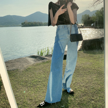 LDTJ high-definition summer thin mopping high-waisted straight trousers loose high denim wide burr wide-leg pants for women
