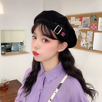 Rosex Tangk Japanese corduroy beret female autumn and winter Korean version of Joker letter embroidery painter Beerle hat