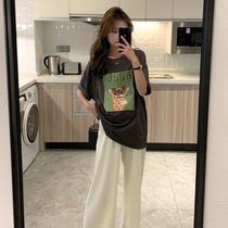 Pregnant women's top summer fashion cartoon implantation short-sleeved T-shirt loose and large yards and thin top collar