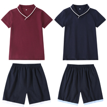Primary and secondary school students uniform suit College style British style Maroon navy Blue lapel short sleeve summer dress Kindergarten garden dress summer