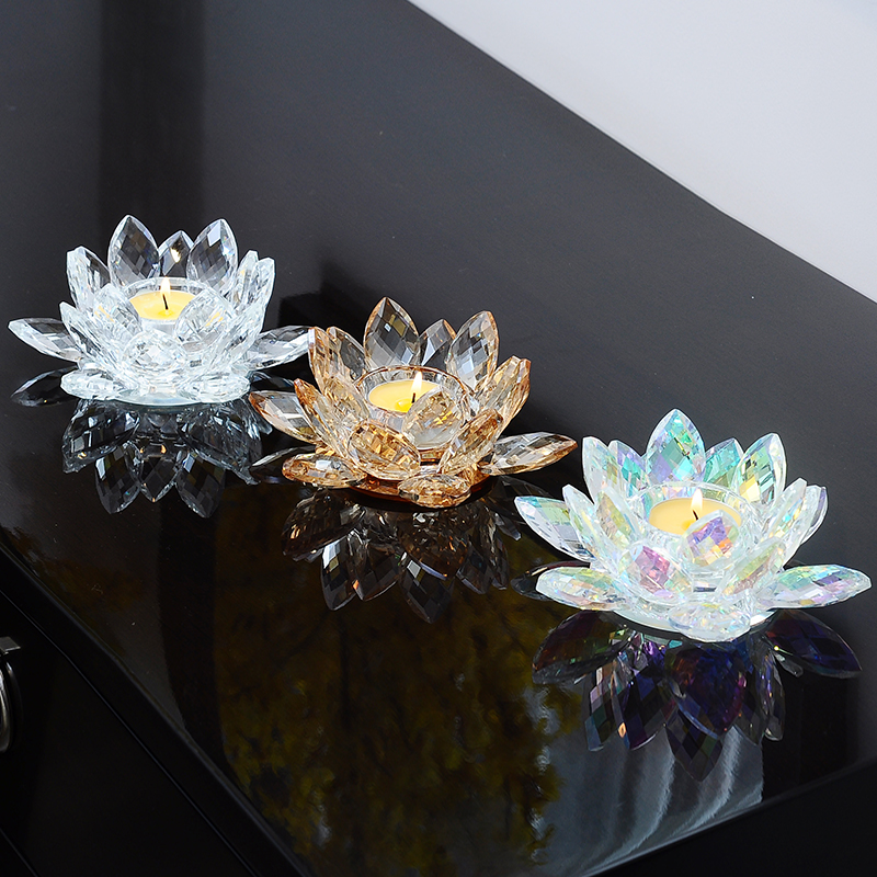 Colorful Crystal Glass Lotus Candle Holder Buddha Worship Candlestick Buddha Worshiping Lamp Butter Lamp Holder Lotus Candlestick Ornaments