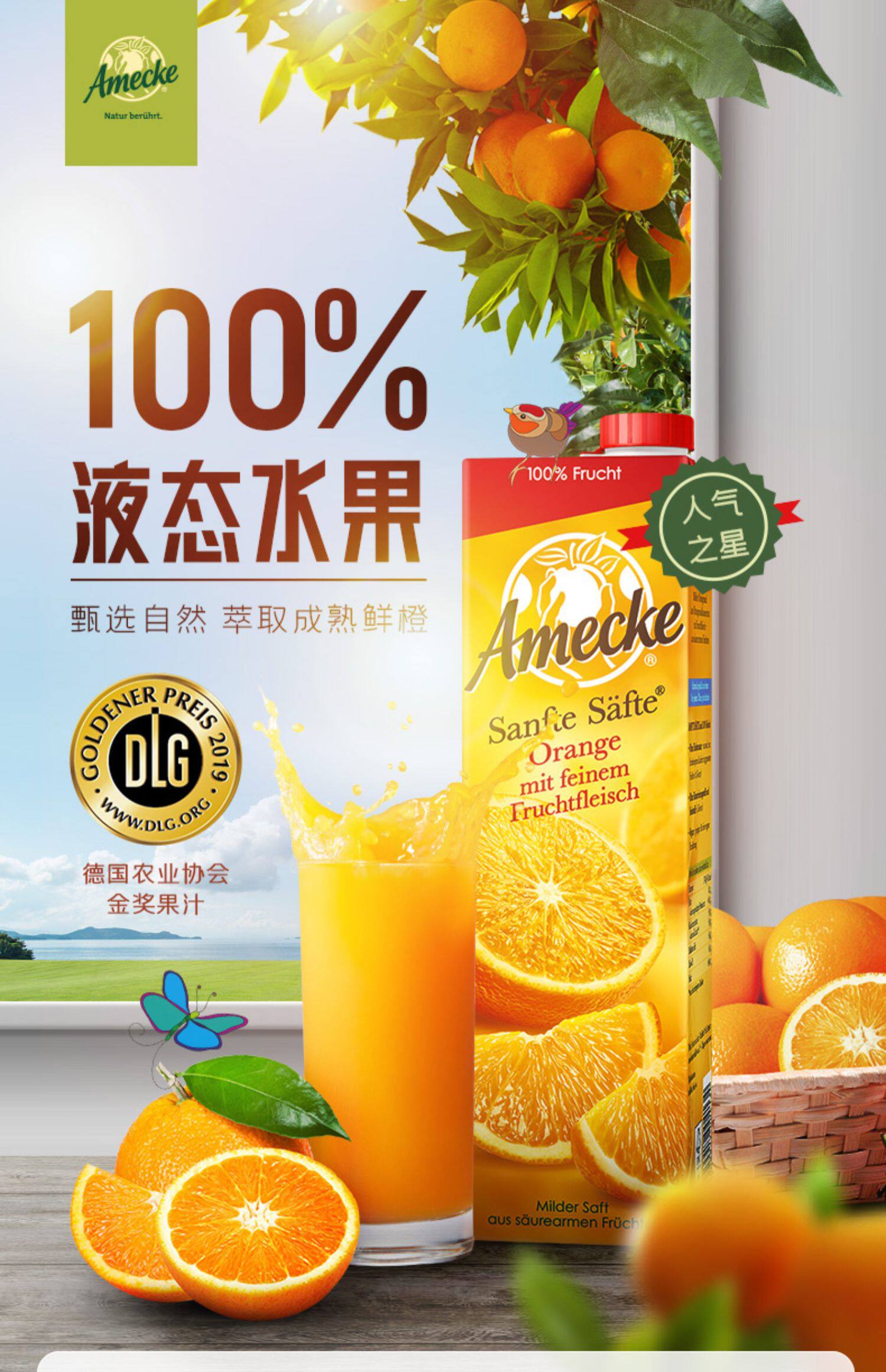 德国进口100%含果肉橙汁 纯果汁整箱饮料 树莓草莓纯果蔬汁1l*6盒_星