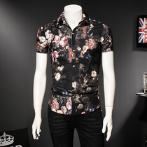 Chinese style plant print large size flower shirt mens personality retro flower short sleeve inch clothing slim shirt Tide brand