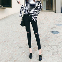 Black ripped jeans womens high waist nine-point pants spring and summer 2021 new Korean version of thin skinny small feet eight-point pants