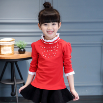 Autumn new childrens clothing Childrens long-sleeved T-shirt Girls lace base shirt High collar warm top large childrens clothing winter