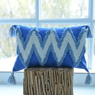 北欧ins风蓝色纯棉刺绣抱枕 沙发靠垫客厅流苏簇绒靠背办公室腰枕