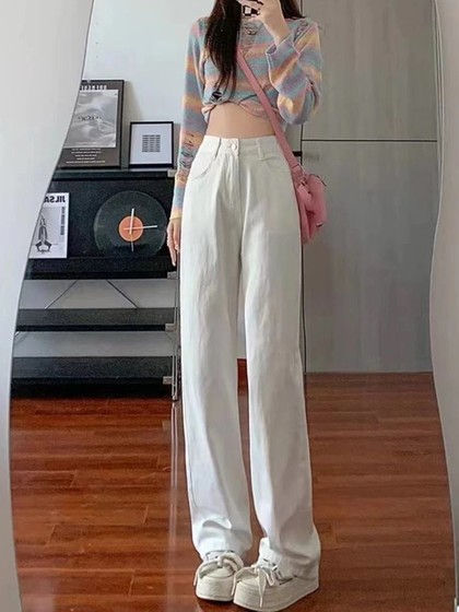 Yi Erkang White High High Waist Wide Leg Jeans for Women 2025 Spring and Autumn New Small Person Casual Slim Straight Narrow 버전 Yi Erkang White High High Waist Wide Leg Jeans for Women 2025 Spring and Autumn New Small Person Casual Slim Straight Narrow 버전