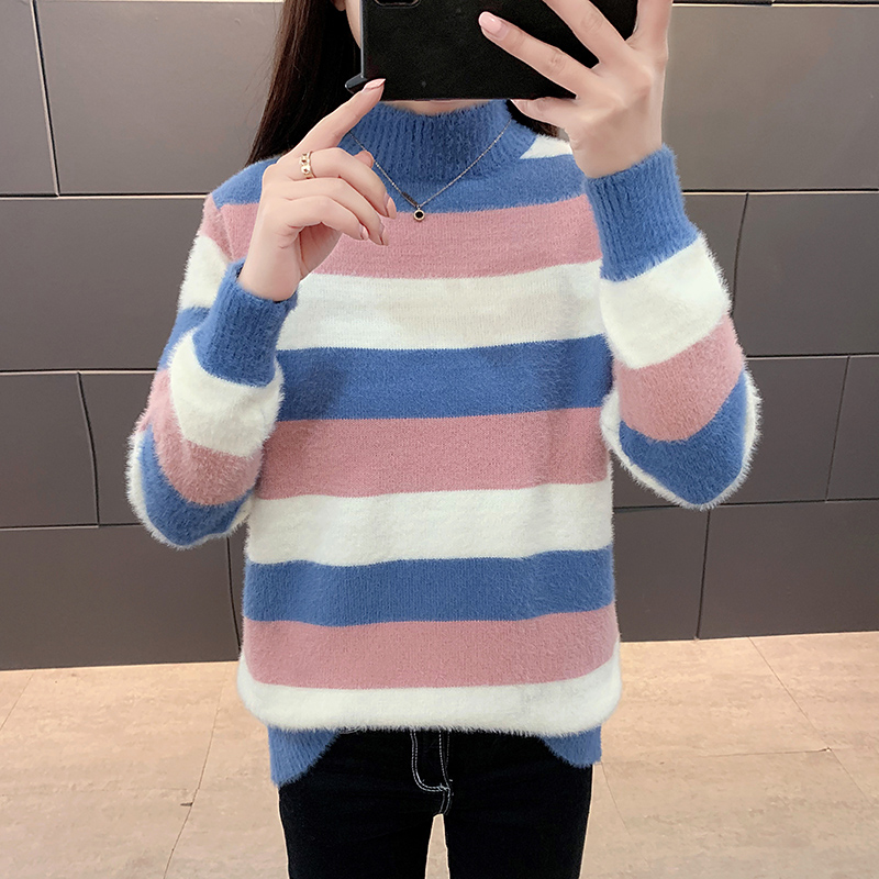 毛衣女2019秋冬加厚百搭套头针织衫宽松条纹韩版半高领打底上衣HH