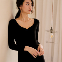 Non-trace thermal underwear women thick plus velvet low neck tight slim one-piece top base shirt long sleeve collar autumn clothes