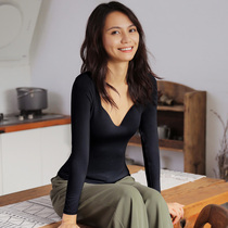 Autumn clothes womens underwear V-neck with chest pad one-piece bra ultra low collar one-piece top modal warm clothes base shirt