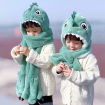 Childrens hat scarf set Winter thick plush one-piece hat for boys and girls cute dinosaur baby hat ear protection