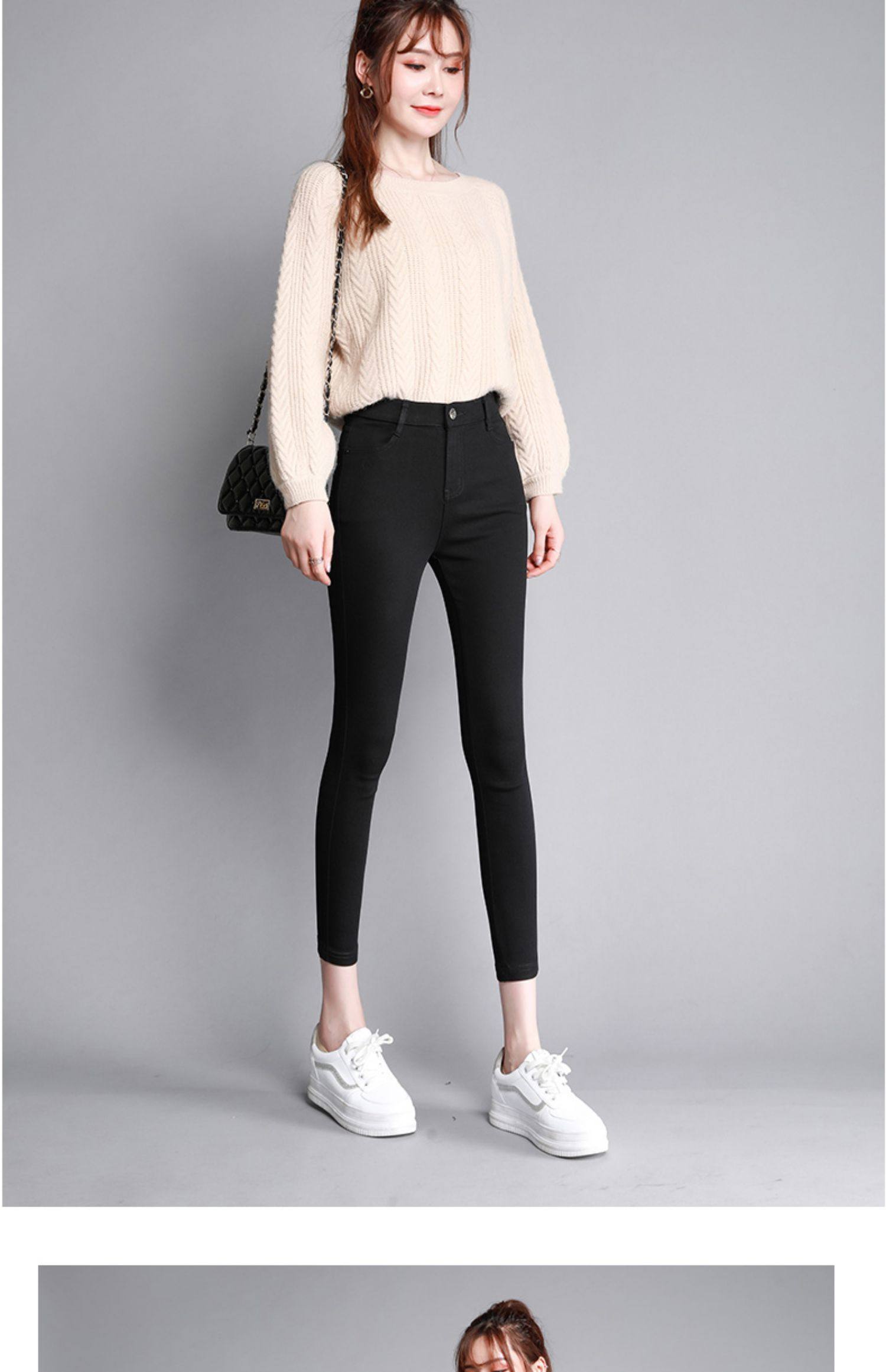 加绒八分打底裤女外穿秋冬高腰加厚黑色小脚铅笔黑裤子小个子九分