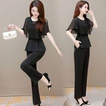 Sweet and spicy summer suit design fashion chiffon stitching wide leg pants women 2021 new size loose fat sister two
