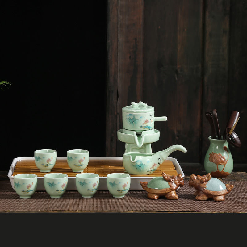 Lazy automatic creative stone mill rotating water kung fu tea, purple sand tea set of household ceramic teapot