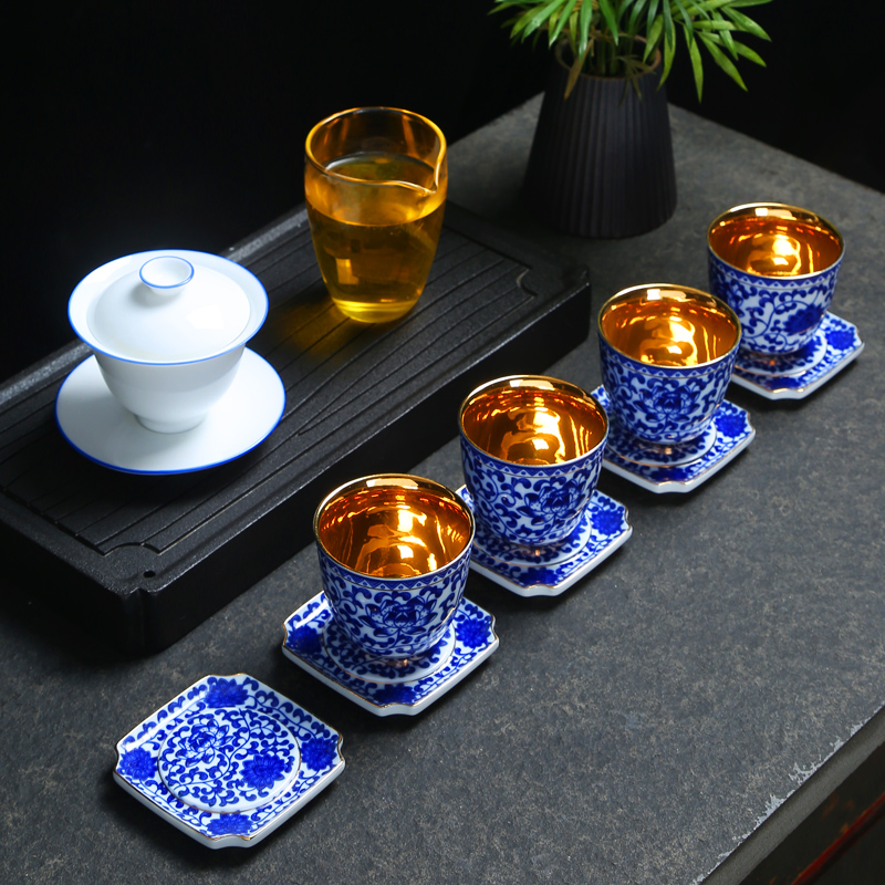 Pure hand - made ceramic cups antique imitation Ming blue and white porcelain tea light pressure hand cup tie up branch lotus masters cup single CPU tasted silver gilding