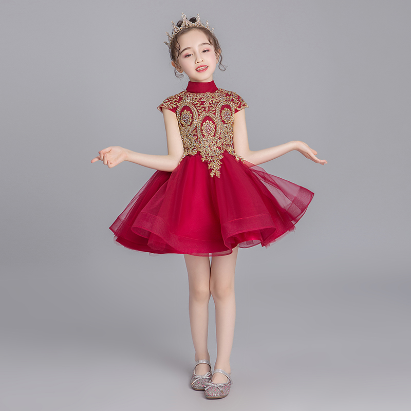 Red children's evening dress high-end girl puffy princess skirt little girl host flower girl piano performance summer