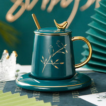 Nordic ins light luxury mug Ceramic couple cup with spoon lid Drinking water cup Simple and fresh forest coffee cup