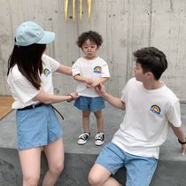 Korean version of the parent-child outfit a family of three denim shorts 2021 summer mother-daughter father-son outfit all-match five-point pants in the pants tide