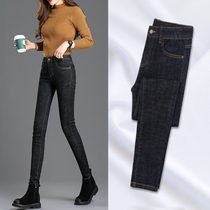 women's high waist jeans autumn winter 2022 new trendy slim fit slim fit ankle pants tight black fleece trousers