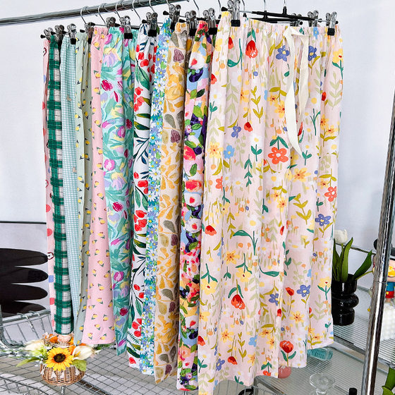 Cotton silk pajamas, summer women's thin artificial cotton straight leg pants, large size home air conditioning pants, mesh red beach pants, sun protection pants Cotton silk pajamas, summer women's thin artificial cotton straight leg pants, large size home air conditioning pants, mesh red beach pants, sun protection pants