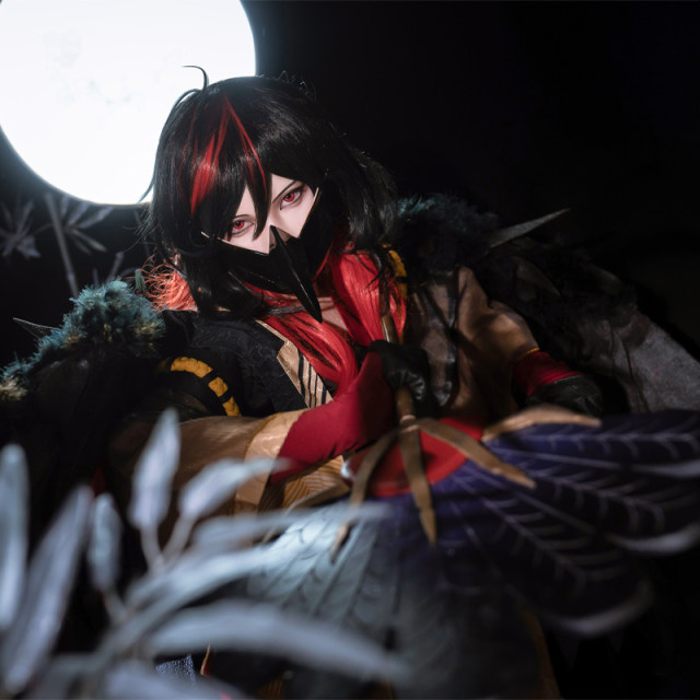 Xiao Wu Piao Piao Onmyoji COS Big Tengu Black Gold Feather Blade cos suit wig mask fan props