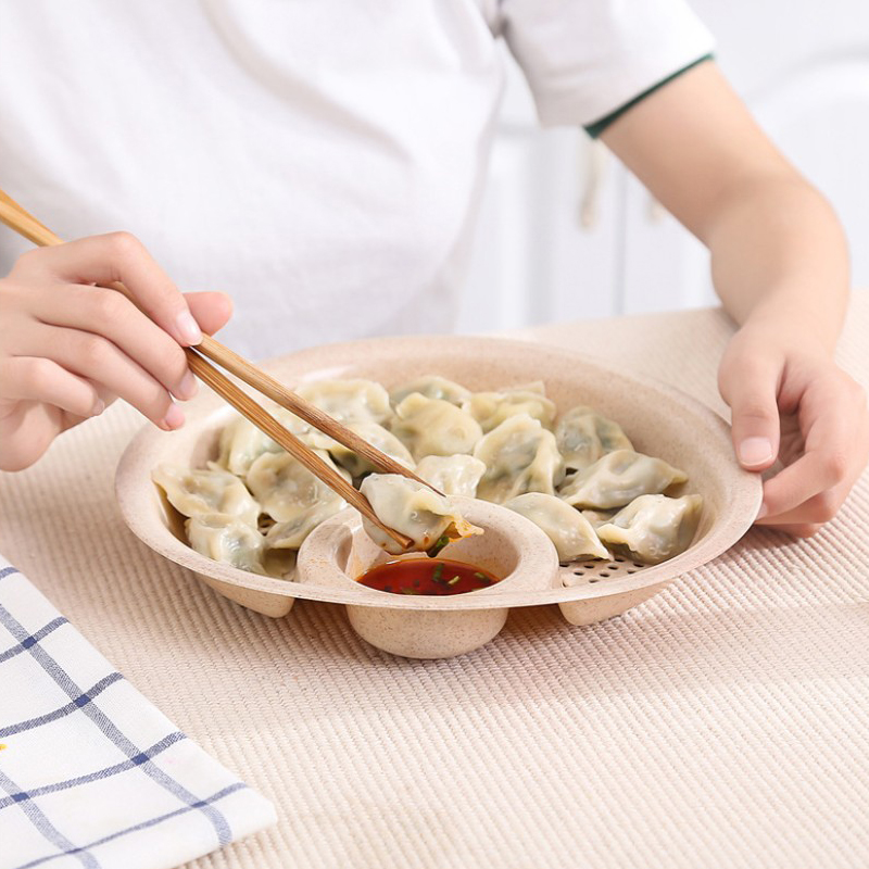 4 pieces of wheat straw round dumpling plate dumpling plate plastic fruit dumpling plate double drain plate sc