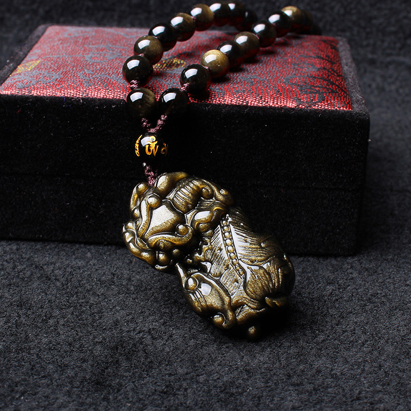 开光天然黑曜石天禄貔貅吊坠男女款金曜玉石霸王貔貅项链招财辟邪