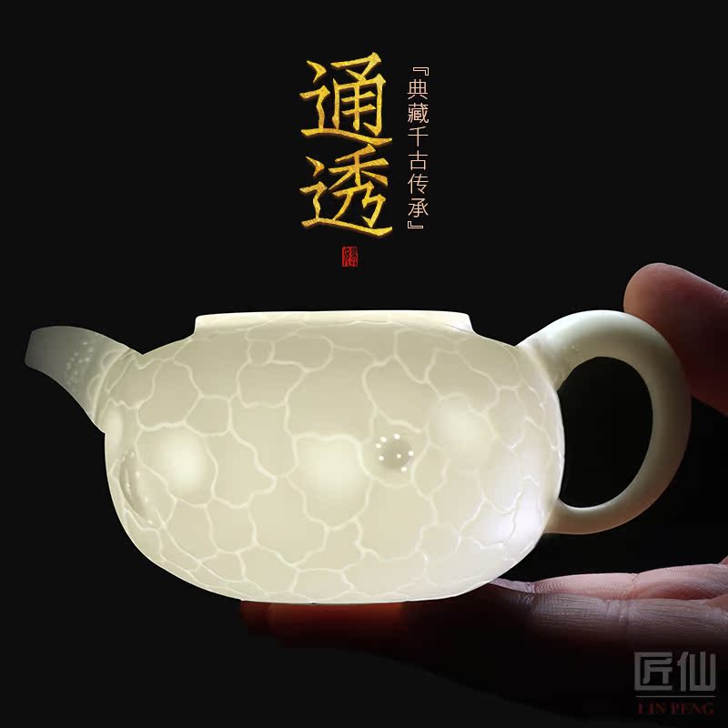 Master Zeng Sumei dehua white porcelain kung fu tea set manually household contracted a pot of four cups of tea tray package