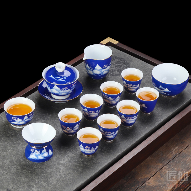 Dehua ceramic kung fu tea set suit household contracted office cup lid bowl of a complete set of gift boxes