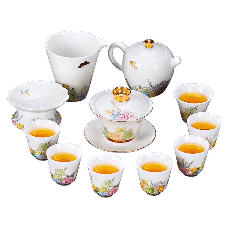 Artisan fairy dehua white porcelain tea set household suet jade kung fu tea gift box and contracted tea tureen teapot