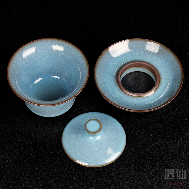 Artisan fairy Su Tianpei famous tureen single glaze ice crack three tureen pure manual kung fu tea set ceramic bowl