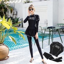 Quick-drying long-sleeved swimsuit womens split two-piece trousers sunscreen hot spring swimsuit Black thin surf floating diving suit