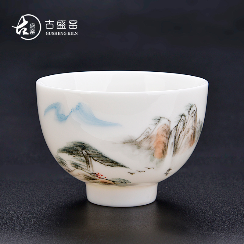 Ancient sheng up new gift boxes, hand - made scenery sample tea cup dehua white porcelain personal single CPU suet jade cup by hand