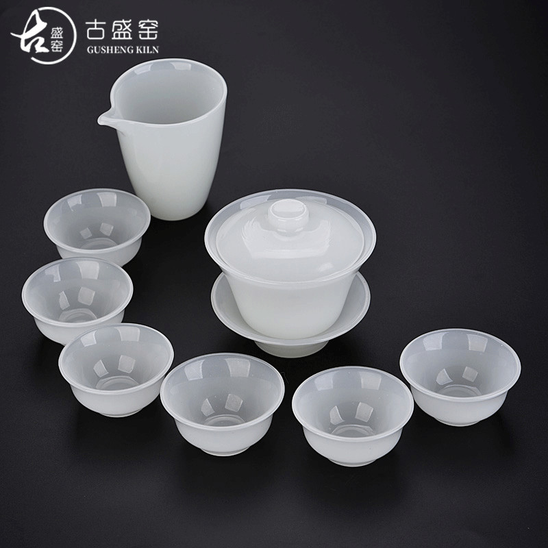 The ancient three new six white jade porcelain kung fu sheng up with white porcelain bowl with jade fish six cup just a cup of tea set