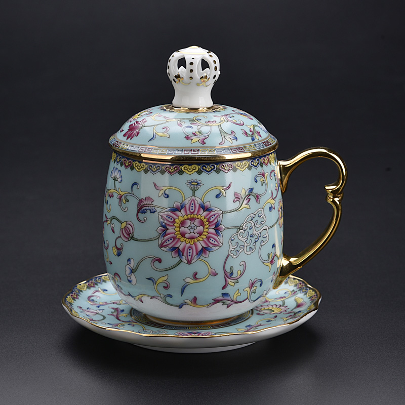 The ancient sheng up with colored enamel porcelain keller with cover filter home office cup portable large capacity water glass tea cup