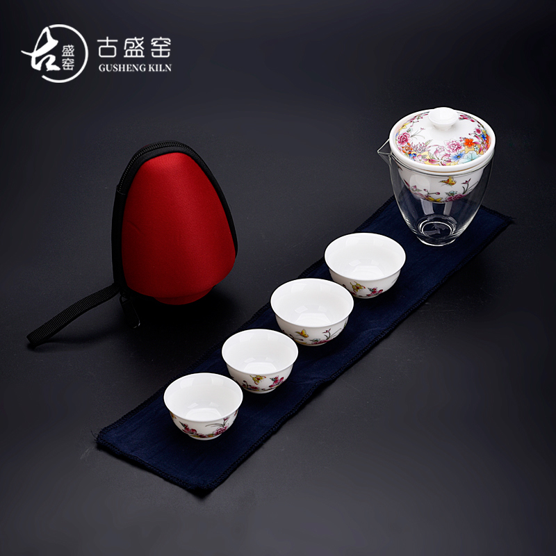 Ancient sheng up enamel see colour portable travel with bag filter Japanese blue and white porcelain tea set dry mercifully a pot of four cups