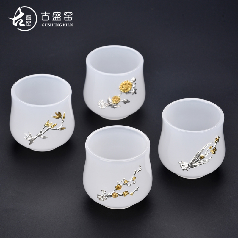 The ancient jade sheng up porcelain cup sample tea cup masters cup bowl of The big white porcelain glass colored glaze single cup silver cup and cup