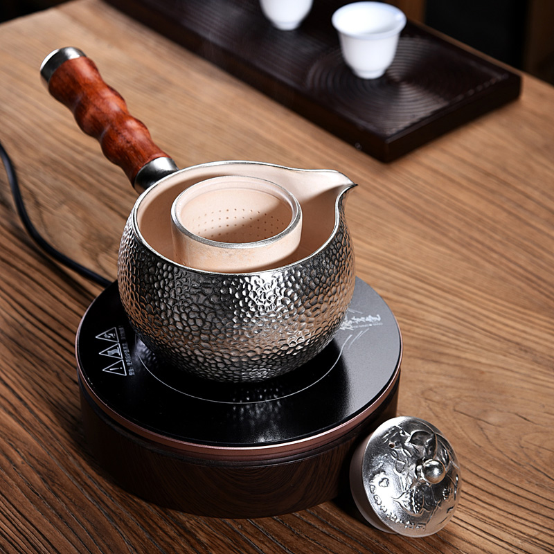 Ancient sheng up new sterling silver boil pot of silver white pottery glaze tea tasted silver gilding side ShenCha manual hammer eye grain to boil the kettle